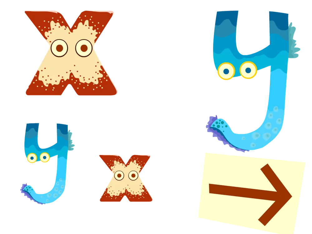 Colorful X and Y characters with eyes and patterned bodies, from Poly Family