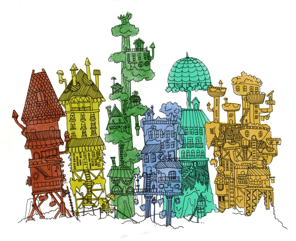 Colorful ink and digital illustration of tall, whimsical houses with trees and turrets