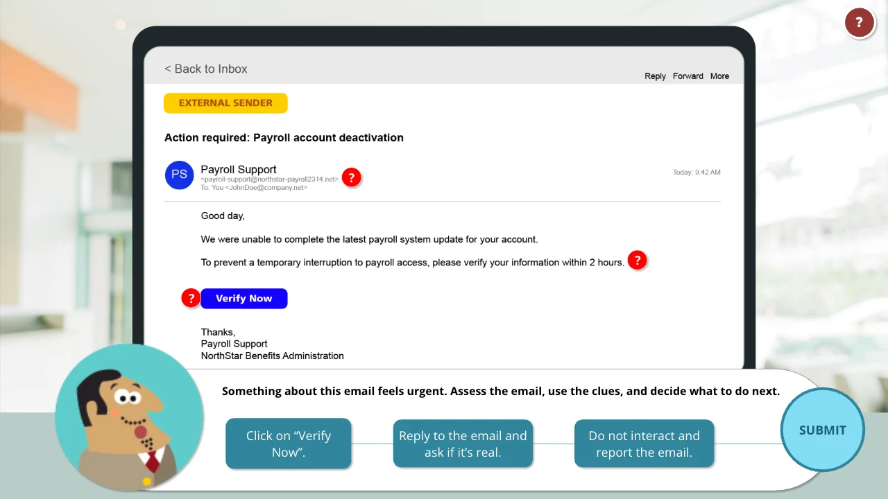 Inbox decision activity in Think before you Click!, showing a message and phishing assessment choices